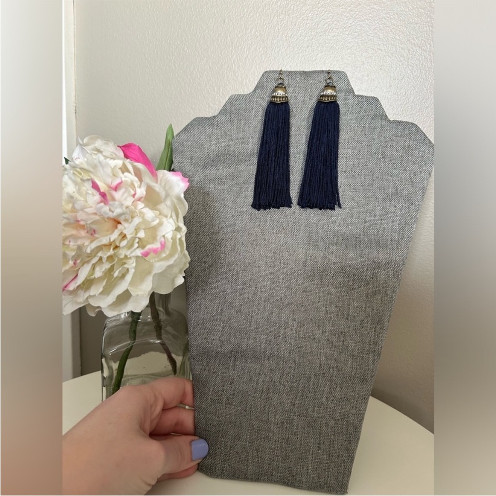Navy and brass tassel earrings
